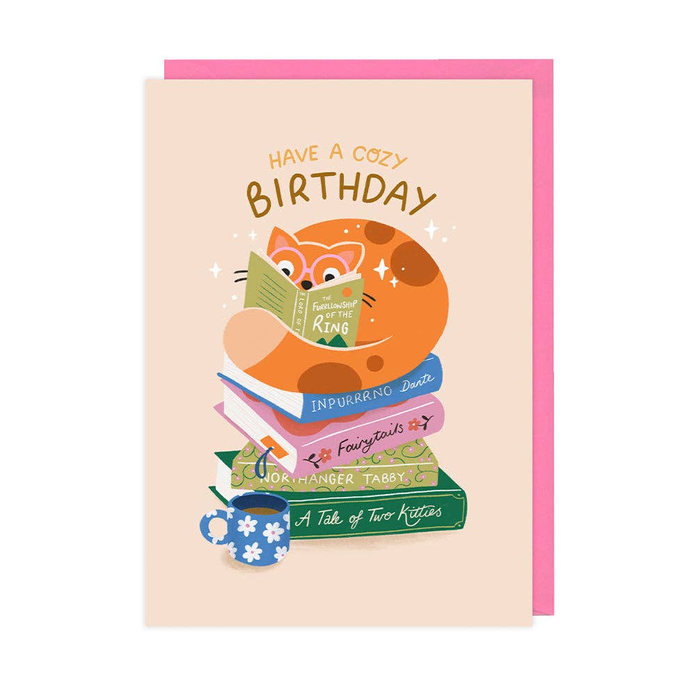 Cat & Books Birthday Card, Cute & Unique Birthday Card