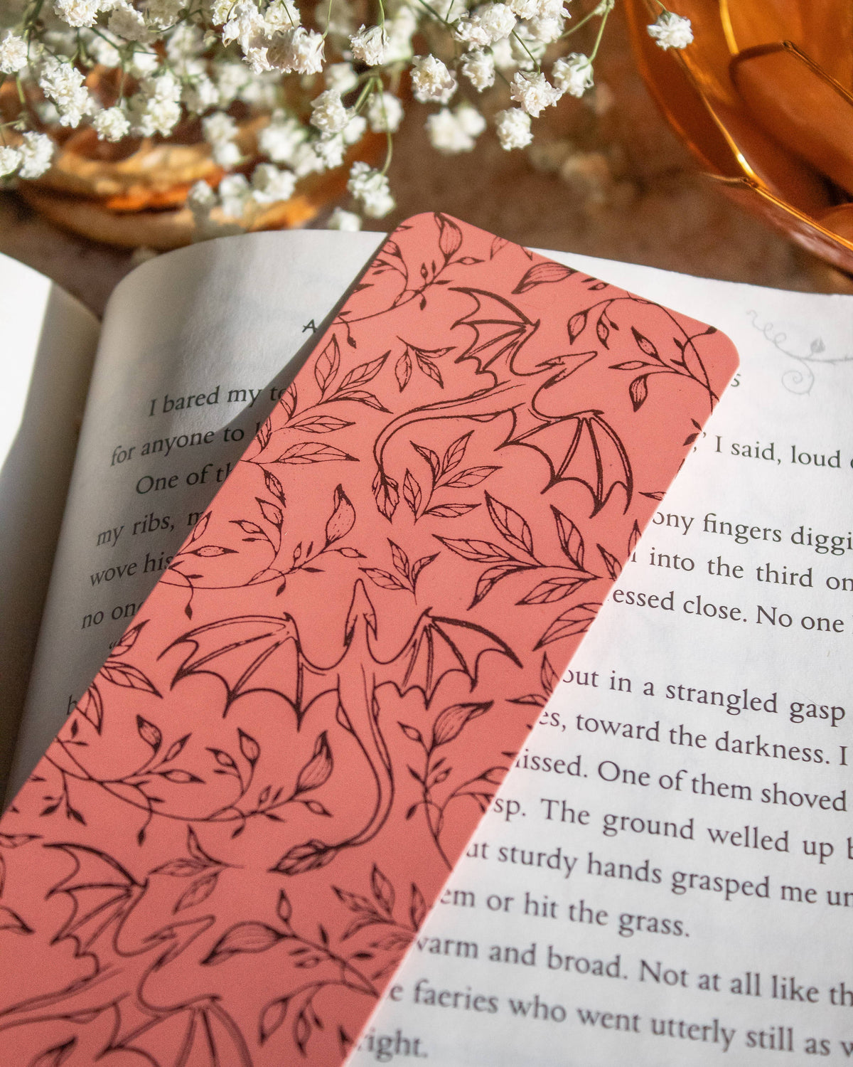 Rose Gold Foil & Coral Floral Dragons Bookmark