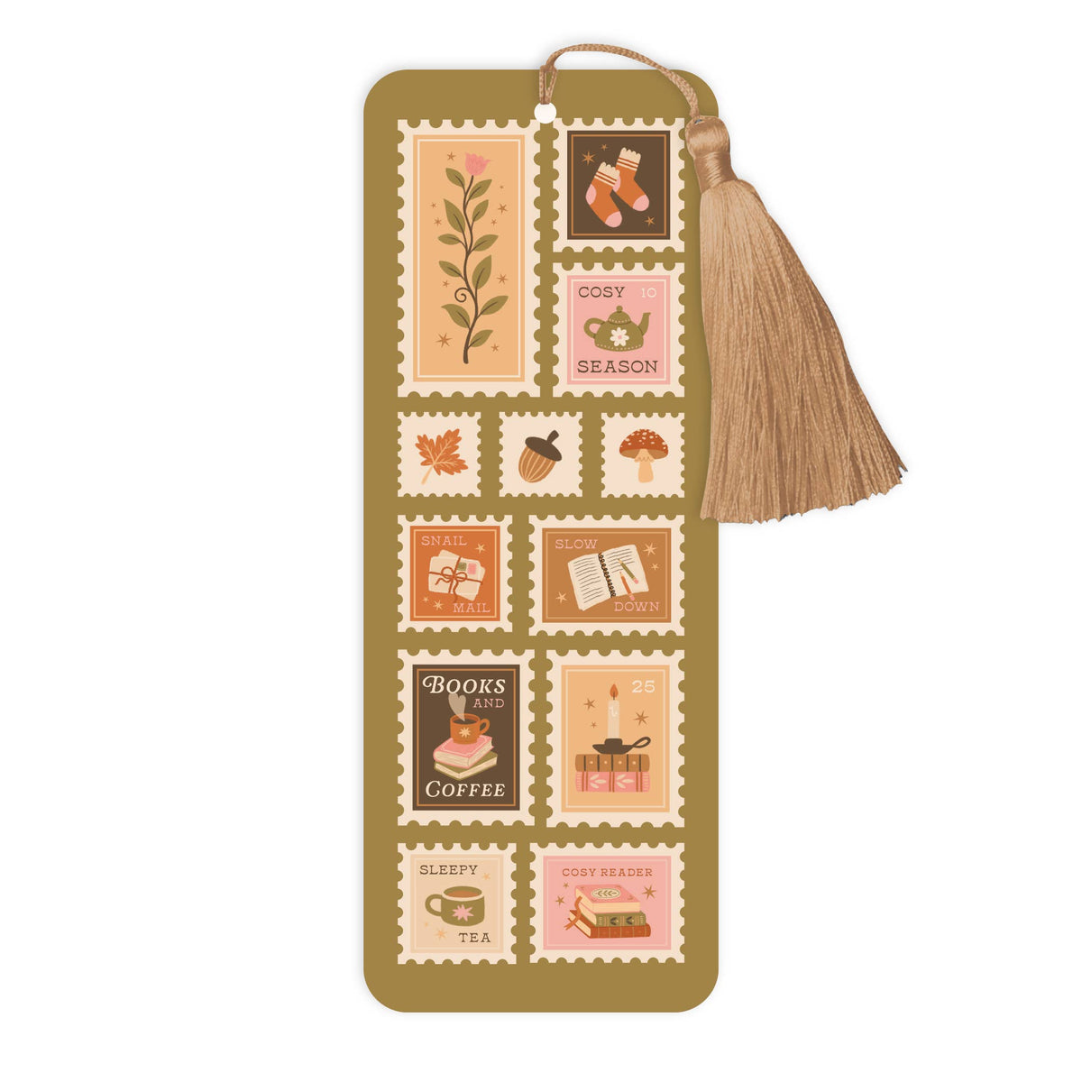 Cosy Autumn Stamp Bookmark with Tassel – Bookish Gift