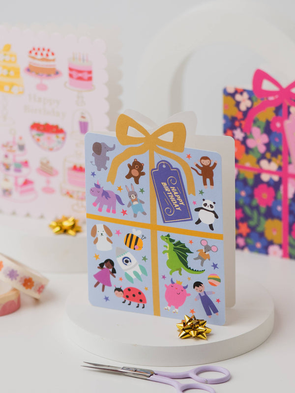 Wrapped in Wonder Toy Themed Kids Birthday Card with Foil