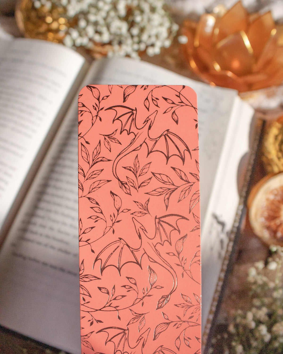 Rose Gold Foil & Coral Floral Dragons Bookmark
